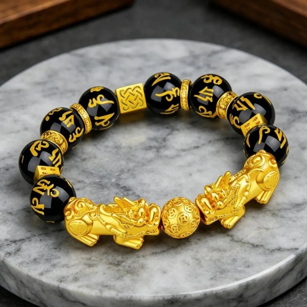 Feng Shui Wealth Talisman Double Pixiu Bracelet Imitation Gold Black Glass Six Word Mantra Beaded Bracelet