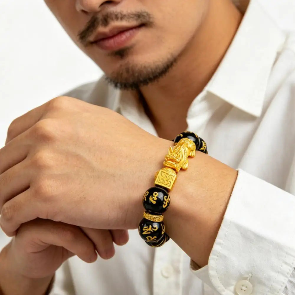 Feng Shui Wealth Talisman Double Pixiu Bracelet Imitation Gold Black Glass Six Word Mantra Beaded Bracelet