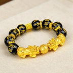 Feng Shui Wealth Talisman Double Pixiu Bracelet Imitation Gold Black Glass Six Word Mantra Beaded Bracelet