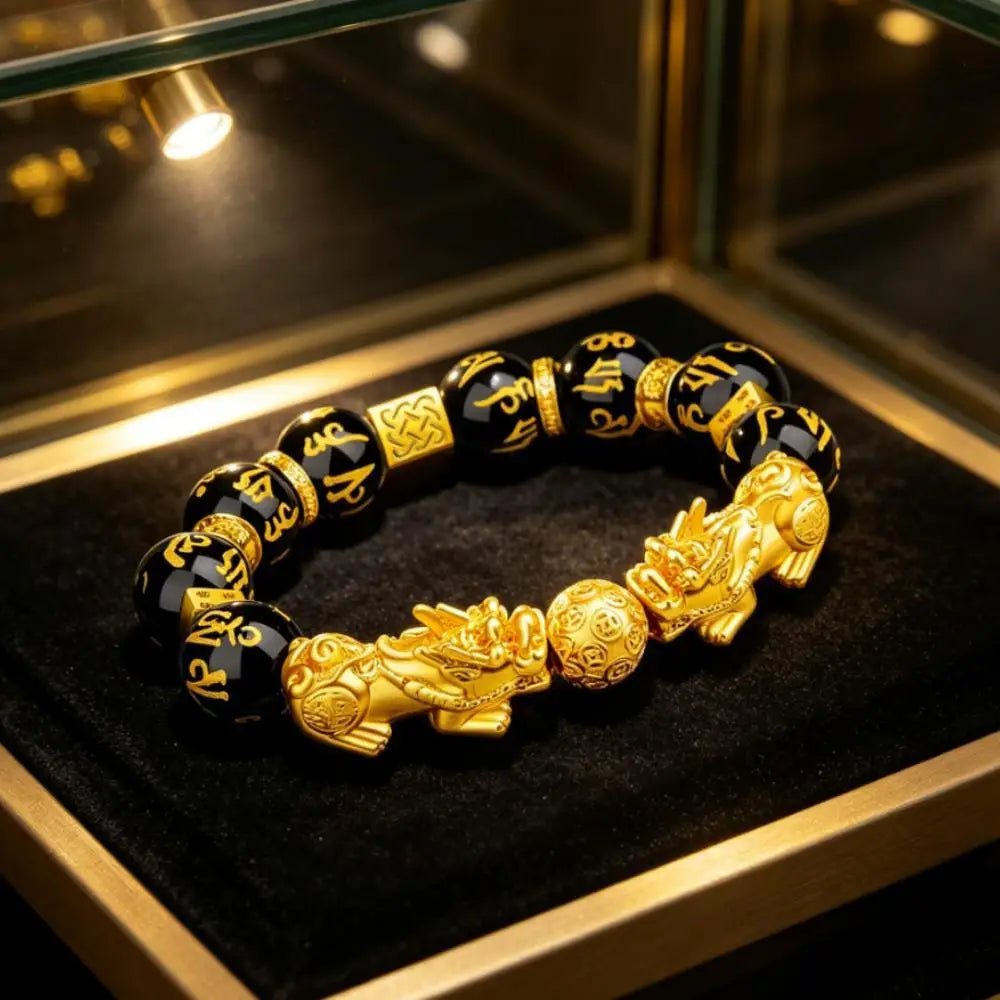 Feng Shui Wealth Talisman Double Pixiu Bracelet Imitation Gold Black Glass Six Word Mantra Beaded Bracelet