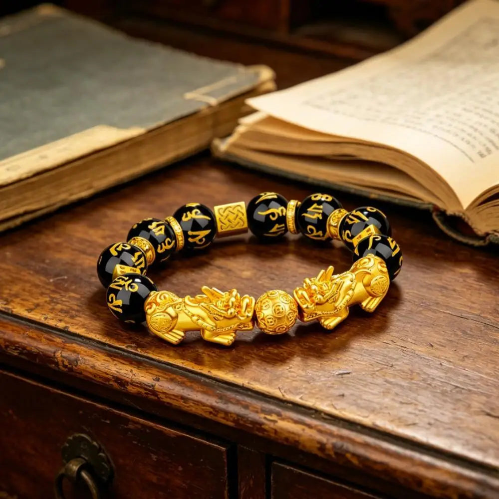 Feng Shui Wealth Talisman Double Pixiu Bracelet Imitation Gold Black Glass Six Word Mantra Beaded Bracelet
