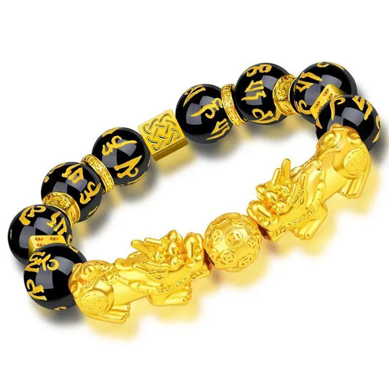 Feng Shui Wealth Talisman Double Pixiu Bracelet Imitation Gold Black Glass Six Word Mantra Beaded Bracelet