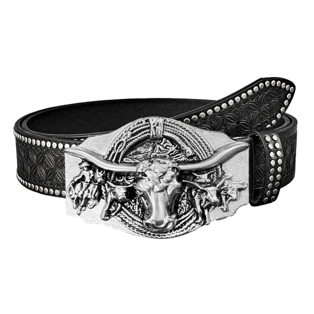 Retro Western Cowboy Men's PU Leather Belt Luxury Design Trendy Brand Ox Head Waistband Jeans Pants Belt