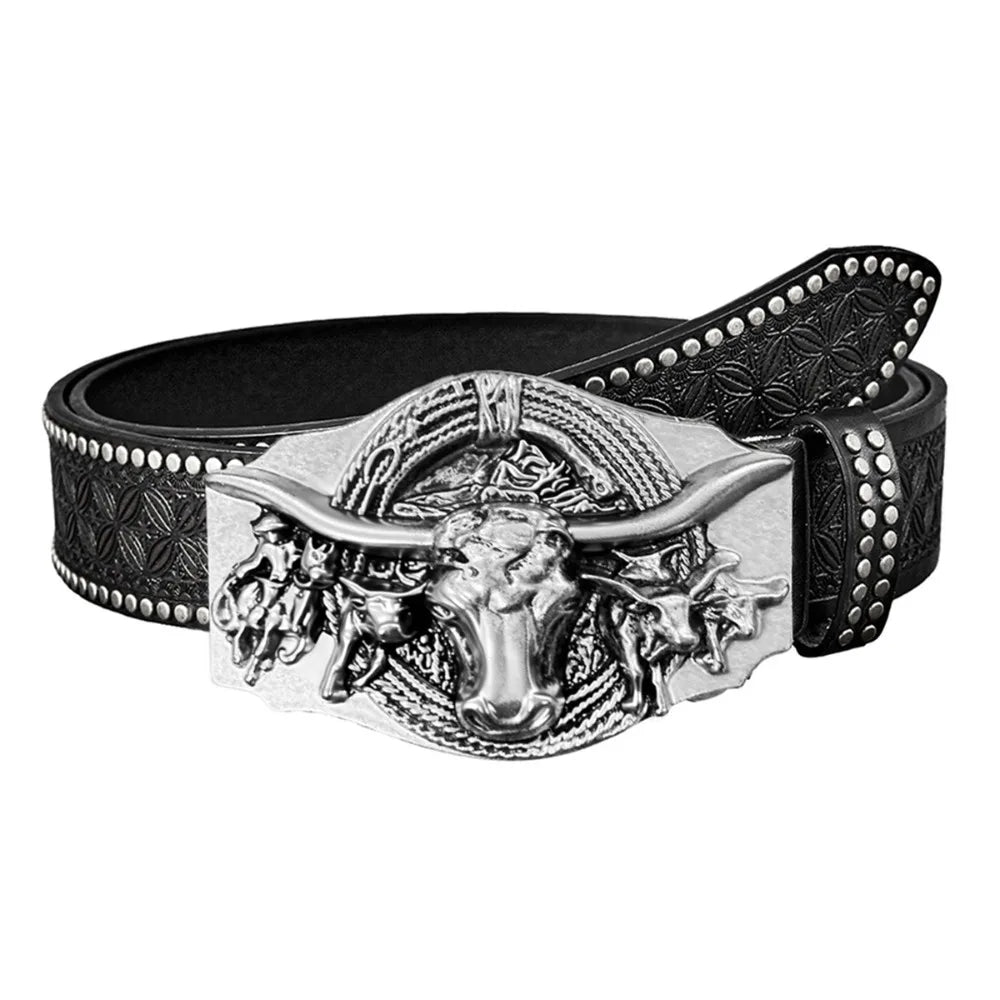 Retro Western Cowboy Men's PU Leather Belt Luxury Design Trendy Brand Ox Head Waistband Jeans Pants Belt