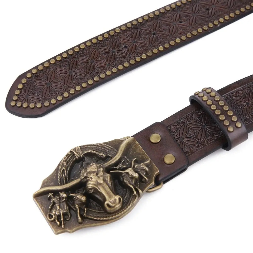 Retro Western Cowboy Men's PU Leather Belt Luxury Design Trendy Brand Ox Head Waistband Jeans Pants Belt