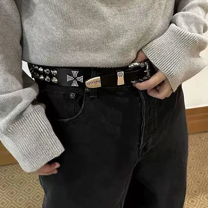 Punk New Gothic Y2K Women Men Belts Luxury Brands Gothic Ladies Hip Hop Punk Rivet Skeleton Print Waist Belt Jeans Waistband